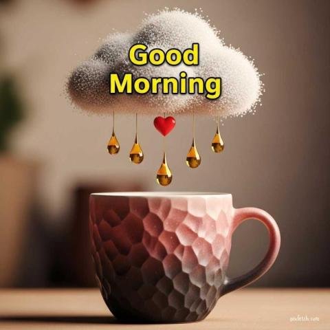 A cute artistic scene featuring a textured ceramic coffee mug with good morning wishes