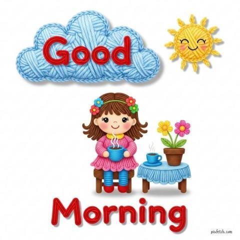 Cute handmade yarn art style illustration of good morning wishes