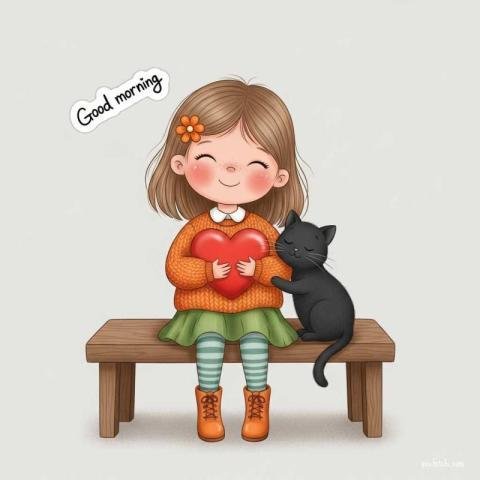 Cute 3D cartoon style little girl sitting on a wooden bench with good morning wishes