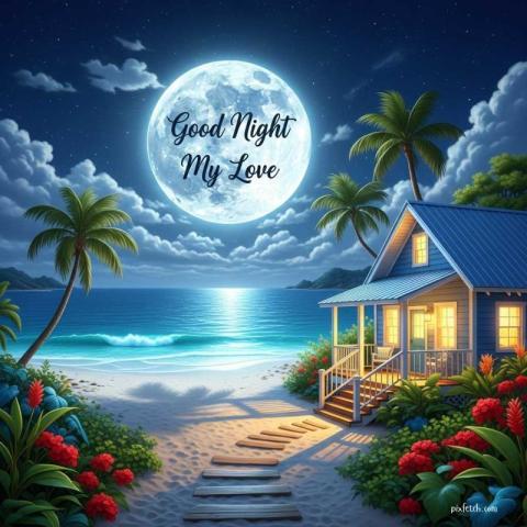 Nighttime beach scene with good night wishes