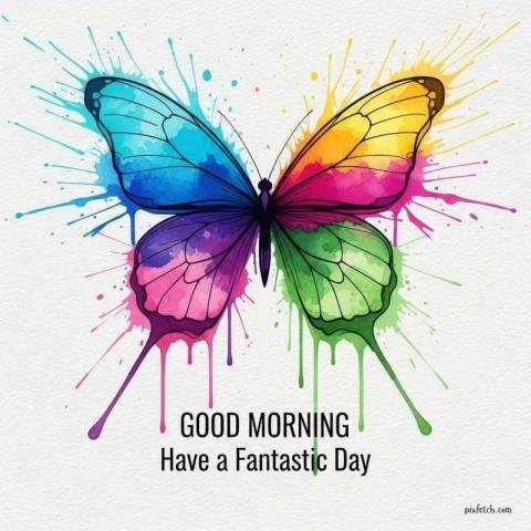 Good Morning with butterfly painted in expressive watercolor splashes