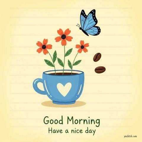 A graceful blue butterfly and coffee cup with cheerful morning vibe