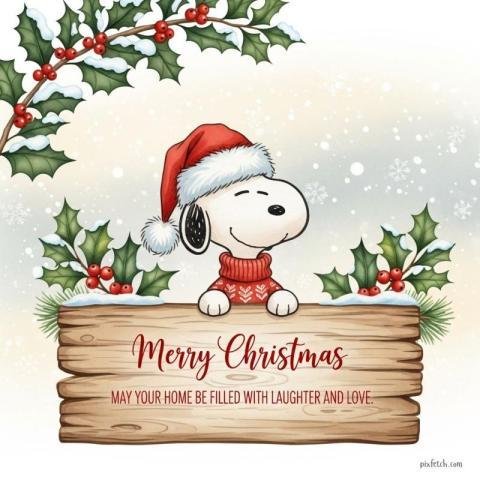Christmas wishes with snoopy and a soft snowy winter background
