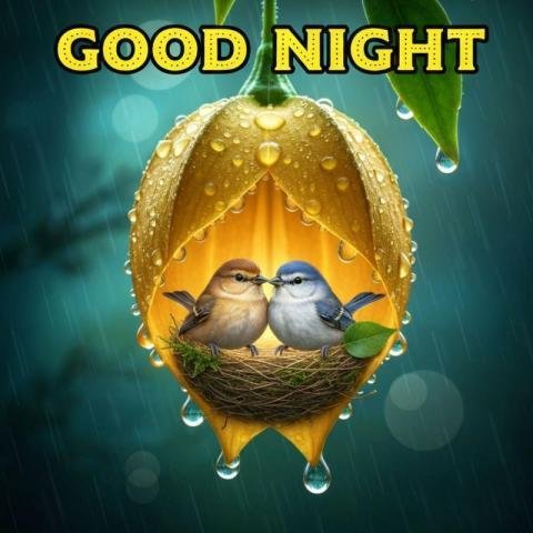 Good Night Romantic Illustration with Love Birds in Nest and Rainy Night