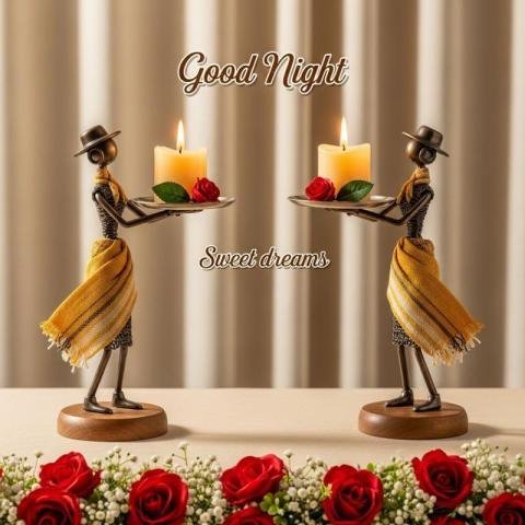 Good Night Sweet Dreams Candle Art with Romantic Figurines and Roses