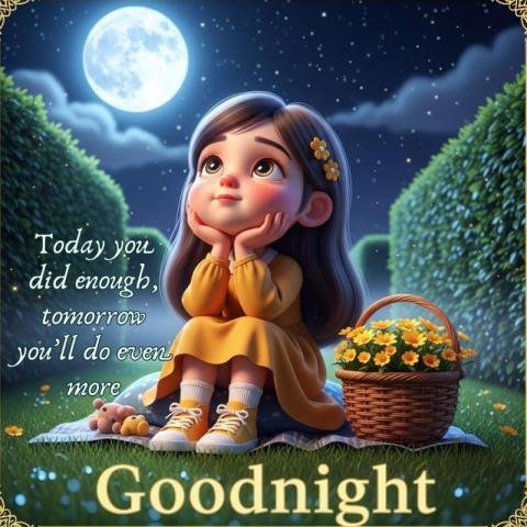 Good Night Motivational Illustration of Cute Girl Under Moonlight