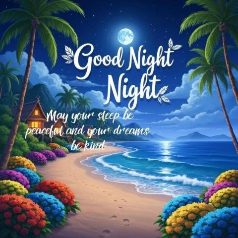 Good Night Greeting with Moonlit Tropical Beach, Palm Trees and Ocean Waves
