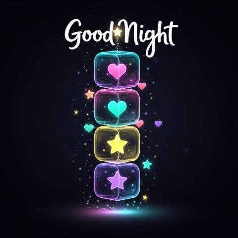 Good Night Neon Illustration with Glowing Hearts and Stars on Dark Background