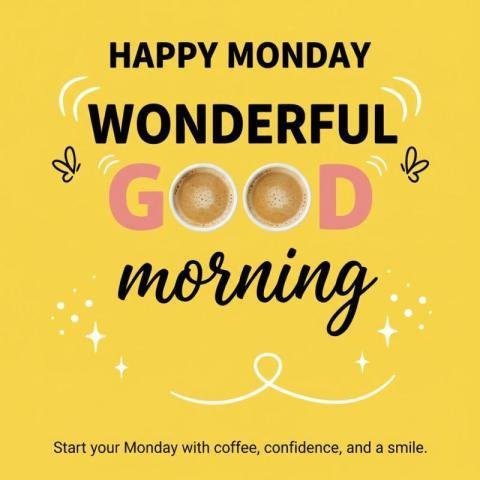 Happy Monday Good Morning Coffee Quote on Yellow Background
