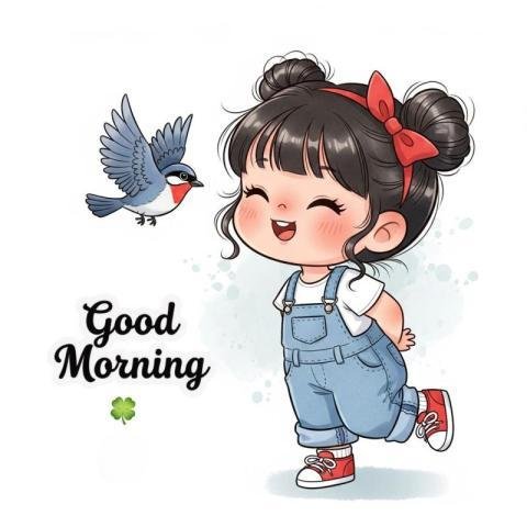 Cute Good Morning Cartoon Girl Image for WhatsApp Wishes