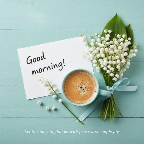 Good Morning WhatsApp Wishes Image with Coffee and Flowers