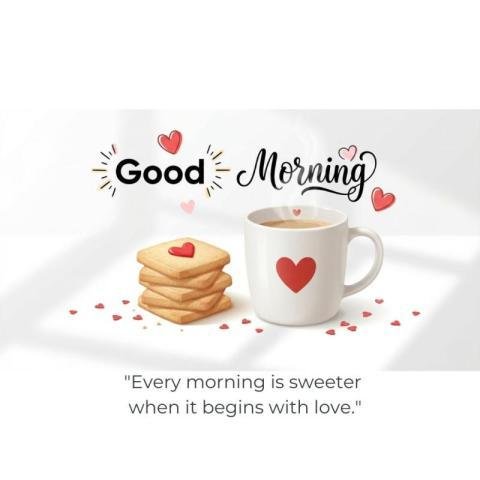 Good Morning Wishes Image with Coffee Cup, Cookies and Love Quote