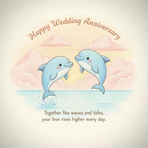 Happy Wedding Anniversary Illustration with Cute Dolphins and Romantic Quote