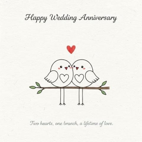 Happy Wedding Anniversary Cute Birds Illustration with Romantic Quote