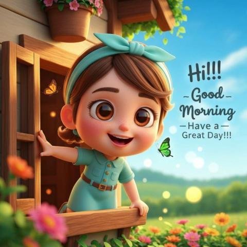 Cute Cartoon Girl Good Morning Image with Inspirational Message