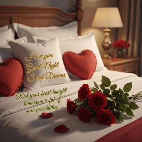 Romantic Good Night Sweet Dreams Image with Roses and Heart Pillows