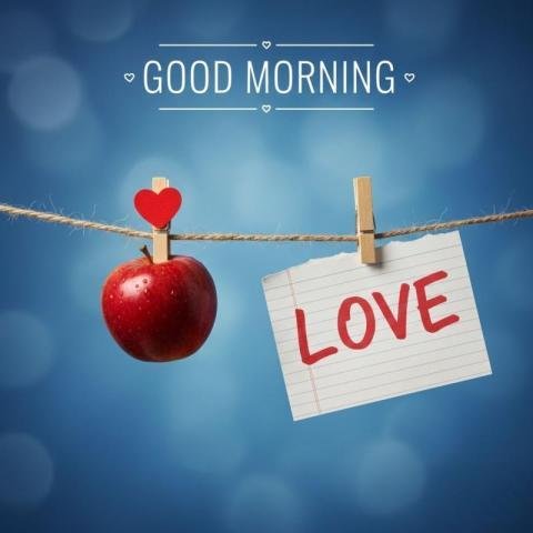 Good Morning Love Message with Red Apple and Heart on Rope