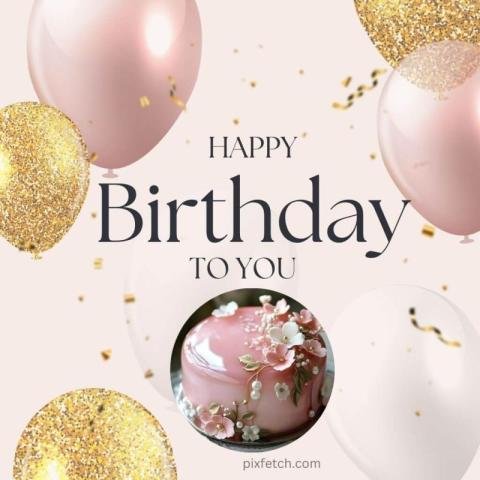 A happy birthday card with cake and flowers