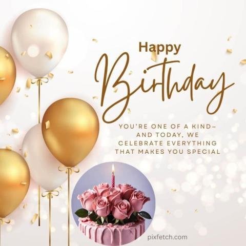 A happy birthday card with a cake, balloons and pink roses