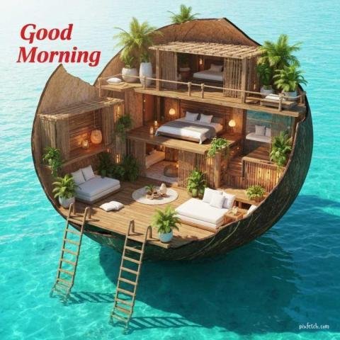 Good morning image with beautiful house in coconut shell