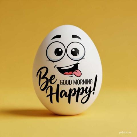 Good morning image featuring a single white egg standing upright with funny face
