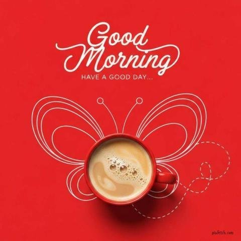 Good morning image with butterfly around red coffee cup