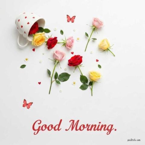 Good morning image with deep red roses falling from cup
