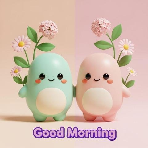 Good Morning Cute Cartoon Characters with Flowers on Pastel Background