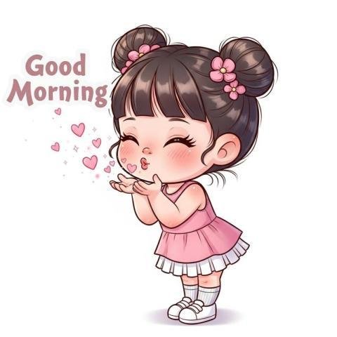 Good Morning Cute Girl Cartoon Blowing Kisses Illustration