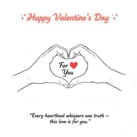 Happy Valentine’s Day Minimal Line Art with Heart Hands and Romantic Quote