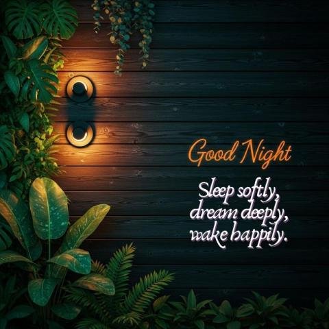 Good Night Quote with Cozy Garden Lights, Green Leaves and Wooden Background