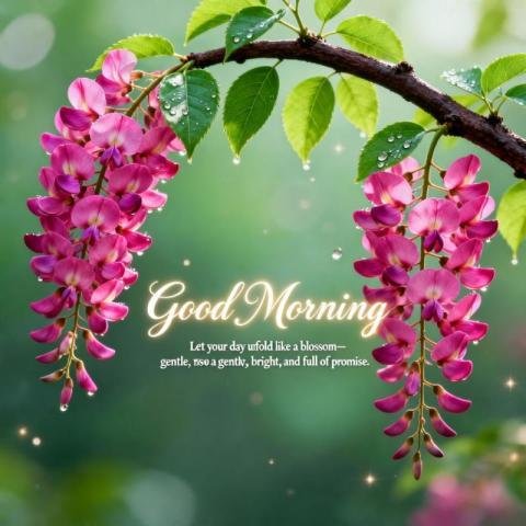 Good Morning Floral Greeting with Pink Blossoms, Dew Drops and Soft Green Background