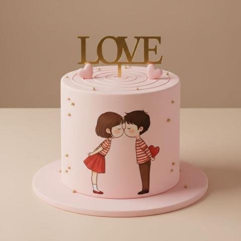 Love Theme Cake Design with Cute Couple Illustration