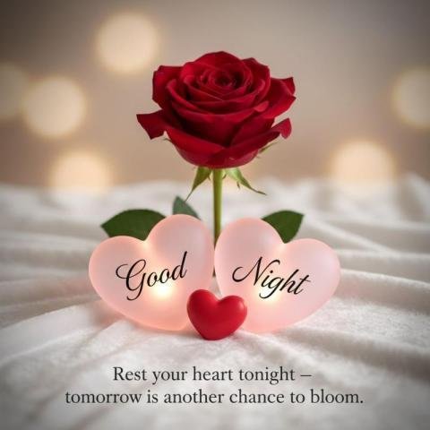 Good Night Romantic Rose Image with Love Quote and Glowing Hearts