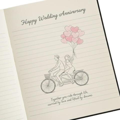 Happy Wedding Anniversary Card with Romantic Couple on Bicycle and Heart Balloons