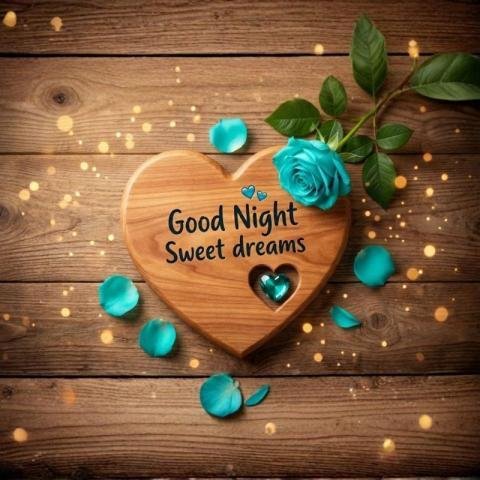 Good Night Sweet Dreams Wooden Heart with Blue Rose Romantic Greeting