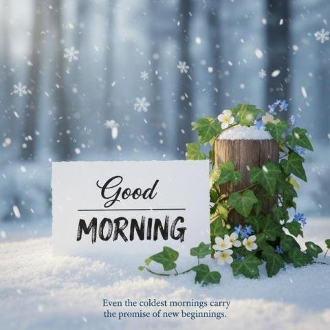 Good Morning Winter Snow Scene with Flowers and Inspirational Quote