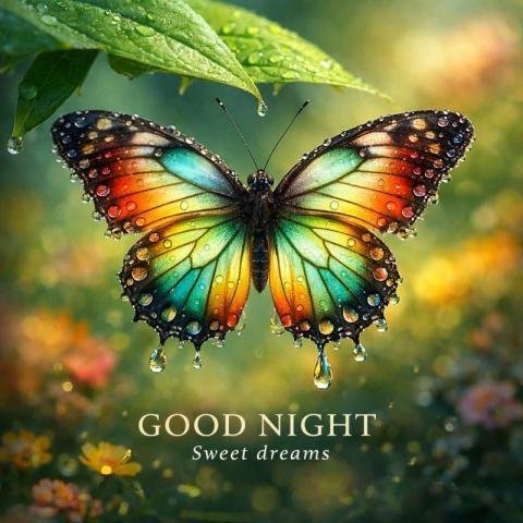 Colorful butterfly with dew drops good night image