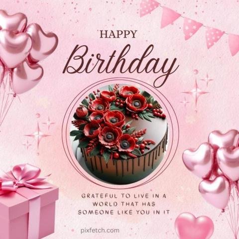 A happy birthday card with a pink background