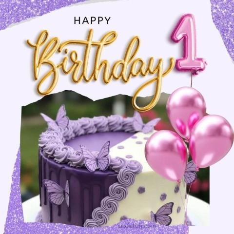 A happy 1st birthday card with a purple and white cake