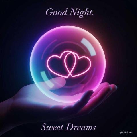 A glowing neon sphere held gently with good night wishes