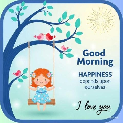 Cartoon style girl sitting on a swing with good morning quotes