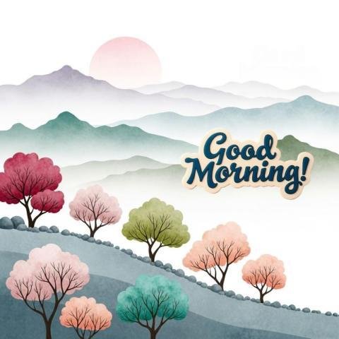 Good Morning Illustration with Pastel Hills and Trees – Peaceful Nature Art