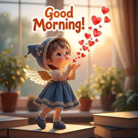 Cute Angel Girl Good Morning Image with Hearts – Sweet Morning Greeting