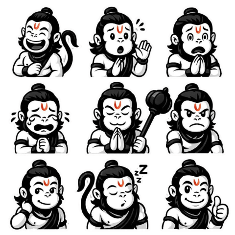 Cute Cartoon Hanuman Character Expressions Set – Funny and Emotional Mascot Icons