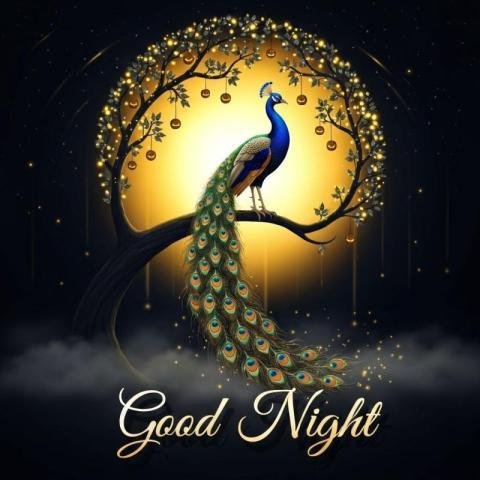 Good Night Peacock Illustration with Glowing Moon, Tree Lights and Magical Night Sky