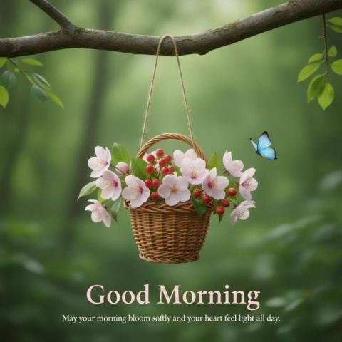 Good Morning Nature Image with Flower Basket and Butterfly