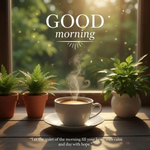 Good Morning Coffee Image with Calm Nature and Inspirational Quote