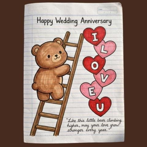 Happy Wedding Anniversary Cute Bear Image with Love Hearts Illustration