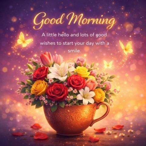 Good morning flowers cup image with butterflies